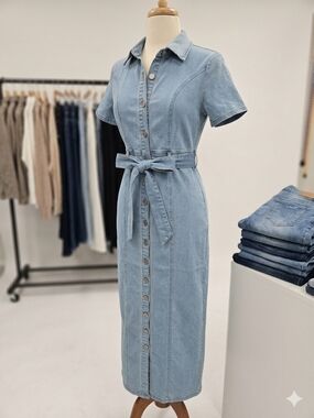 Fashion Nova Light Wash Denim Button-Front Midi Dress with Tie Waist